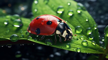 Vibrant ladybug on green leaf with sparkling water droplets, showcasing nature s beauty