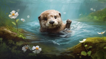 A highly detailed scene showcasing a baby otter floating on its back in a stream - Generative AI