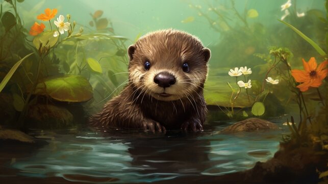 A highly detailed scene showcasing a baby otter floating on its back in a stream - Generative AI