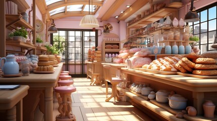 Fototapeta premium Bakery shop interior with various baked goods on display