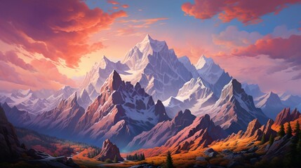 A highly realistic mountain range at sunset, vibrant colors painting the sky, dramatic shadows cast by jagged peaks, - Generative AI - obrazy, fototapety, plakaty