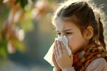 Sick little schoolgirl coughs and blows nose wiping with white paper napkin.  - obrazy, fototapety, plakaty