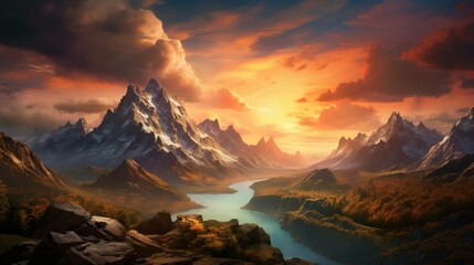 A highly realistic mountain range at sunset, vibrant colors painting the sky, dramatic shadows cast by jagged peaks, - Generative AI - obrazy, fototapety, plakaty