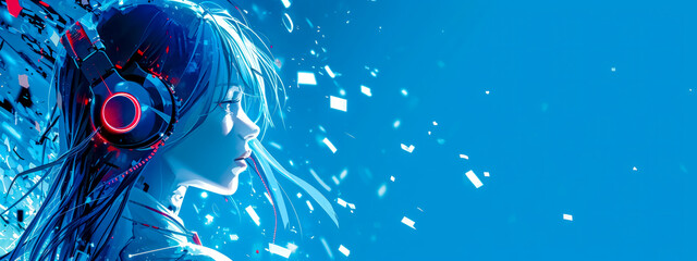 anime-style character wearing headphones, with a futuristic design, set against a bright blue background with digital fragments and elements flying around, creating a sense of motion and technolog - obrazy, fototapety, plakaty