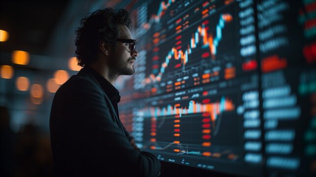 Professional trader monitors stock market data intently on digital screens