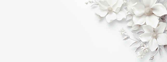 White flowers on white background. panoramic layout. Generative Ai