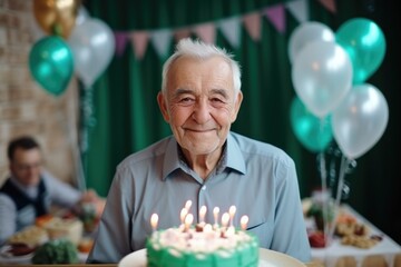 With a heartwarming smile, an elderly man revels in birthday cheer, clutching a delightful cake amidst the festivities.