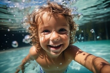Fototapeta na wymiar Toddler boy swimming underwater