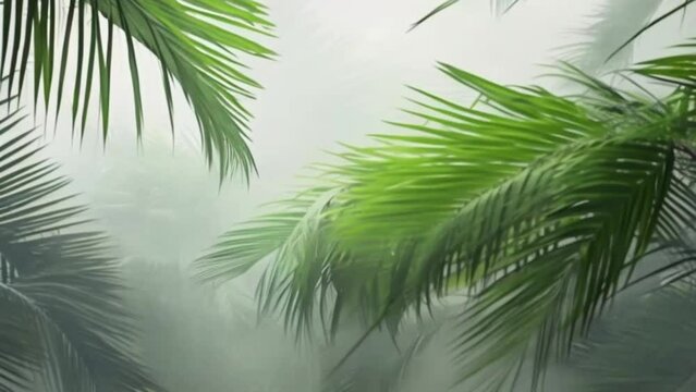 palm tree branches in a jungle forest enveloped in fog and haze, a minimalist modern style, highlighting the texture of the tropics and evoking a sense of tranquility and mystique.