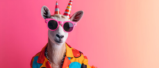 Creative, innovative Animal Design. Goat in Chic High-End Fashion, Isolated on a Bright Background for Advertising, with Space for Text. Birthday Party Invitation Banner