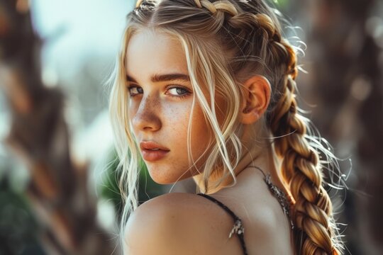 Beautiful girl with a big thick braid