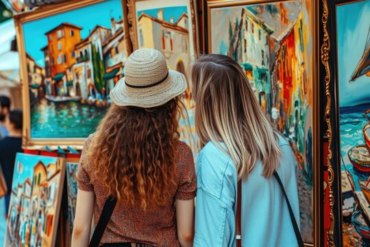 Two woman vacationing together in Europe, admire the paintings at market stall. 