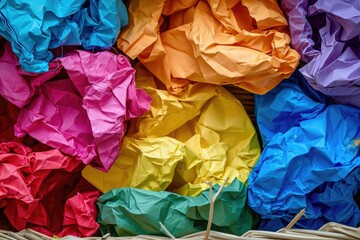 Various colored crumpled papers in a waste paper basket 