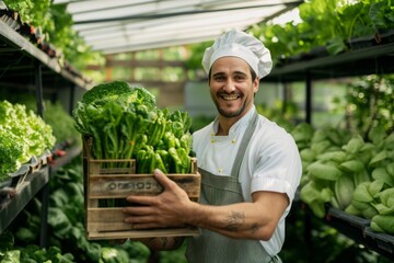 Portrait of a happy chef holding a crate of fresh organic vegetables in hydroponics greenhouse plantation