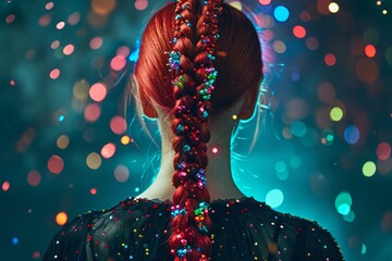 A girl with a long volume double braid with hairpins made of colored rhinestones - obrazy, fototapety, plakaty