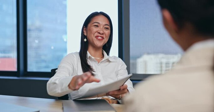 Business woman, handshake and introduction to job interview, Human Resources meeting or welcome in office. Professional people or clients shaking hands for recruitment, opportunity and CV for hiring