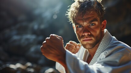 Focused martial artist in karate gi assuming fighting stance