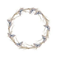 Watercolor wreath of spring branches with butterflies. The illustration is hand drawn on an isolated background. Drawing for greeting cards, invitations, posters, book illustrations, fabric, design.