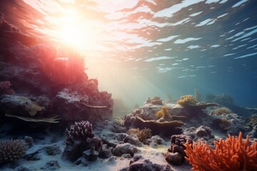 A coral reef bathed in the gentle light of dawn, background wallpaper