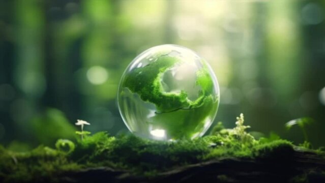Earth Day, the environment, and a green globe nestled in a forest adorned with moss, defocused abstract sunlight to create a composition or scene in a minimalist modern style.