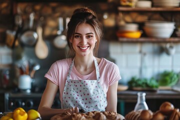 Young woman in her kitchen wearing pink t-shirt and apron baking cooking. Artisan