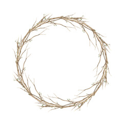 Watercolor wreath of spring branches. The illustration is hand drawn on an isolated background. Drawing for greeting cards, invitations, posters, book illustrations, fabric, design.