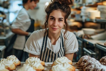 French artisan bakery, portrait of a female baker