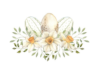 Watercolor Easter composition with green herbs, beautiful daffodils, light and yellow eggs. Easter holiday illustration hand drawn. Sketch on isolated background for greeting cards, invitations