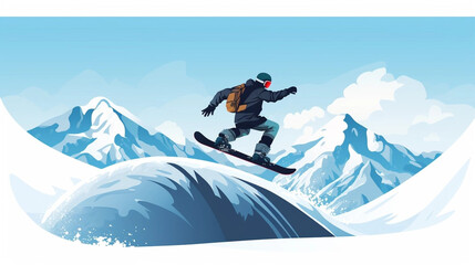 Naklejka na ściany i meble copy space, simple vector illustration, simple colors, Snowboarding, jumping snowboarder in snowy mountains background, Man with snowboard flat style. Winter sport concept. Advertisement for ski vacat