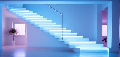 Staircase with LED lights in a Dutch home, transitioning from sky blue to cloud white,