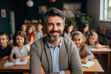 Happy teacher in the classroom with a group of students - obrazy, fototapety, plakaty