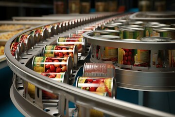 Canned food factory, cans with their contents move on a conveyor belt for labeling and marking - obrazy, fototapety, plakaty
