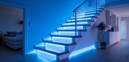 Staircase with LED lights in a Dutch home, transitioning from azure blue to pearl white,
