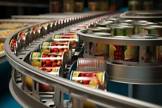 Canned food factory, cans with their contents move on a conveyor belt for labeling and marking