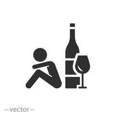 alcoholic with bottle icon, alcohol addiction, drinking human, flat symbol on white background - vector illustration