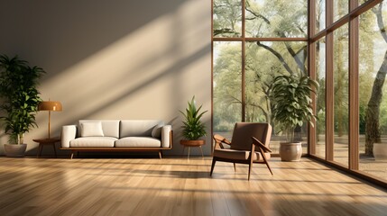 Modern living room interior with large windows and wooden furniture