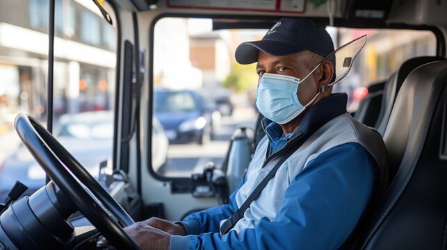 Black male bus driver wearing a mask