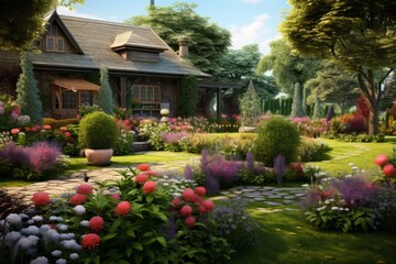 Fototapeta premium Beautiful summer garden with flowers, bushes and stone path to the house, summer vacation