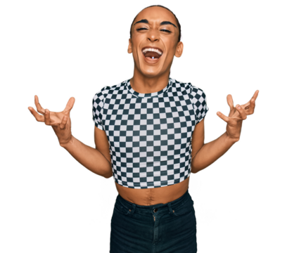 Hispanic transgender man wearing make up and long hair wearing modern clothes crazy and mad shouting and yelling with aggressive expression and arms raised. frustration concept.