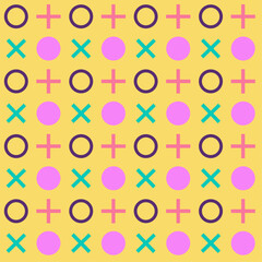Geometrical pattern with green, purple, pink circles, crosses, plus on yellow background for wallpapers, greeting cards, fabrics, packaging, posters, marketing