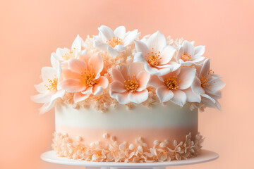 White wedding cake with flowers on a soft peach background
