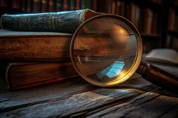 A creative image of a magnifier glass casting a focused beam of light onto a pile of vintage books, highlighting the timeless pursuit of knowledge and exploration. The warm and inviting atmosphere.
