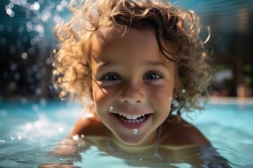 Fototapeta na wymiar Curly-haired girl swimming in a pool