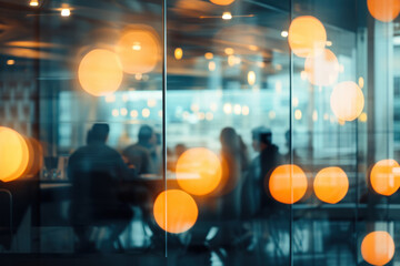 Blurry team meeting behind glass walls with warm bokeh lights