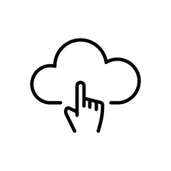 Vector black line icon hand touches the cloud isolated on white background