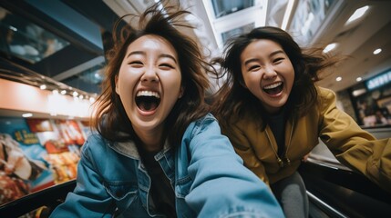 Two young Asian women having fun riding down an escalator