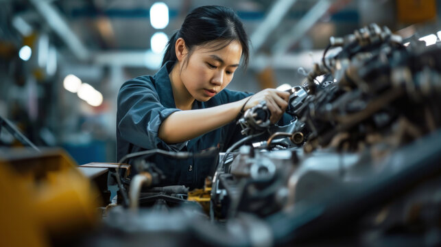 Focused female mechanic working on engine parts in a workshop