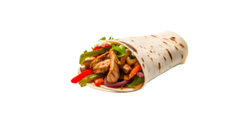 Chicken fajita roll, Traditional Mexican marinated Tortillas chicken fajitas with fried chicken breast strips, onion, julienned green, yellow, and red bell pepper on PNG background