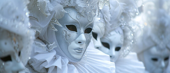 Ethereal figures in white Venetian masks and ornate costumes