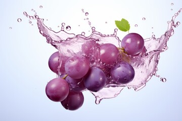 Purple grapes in a splash of water and grape juice on a white background